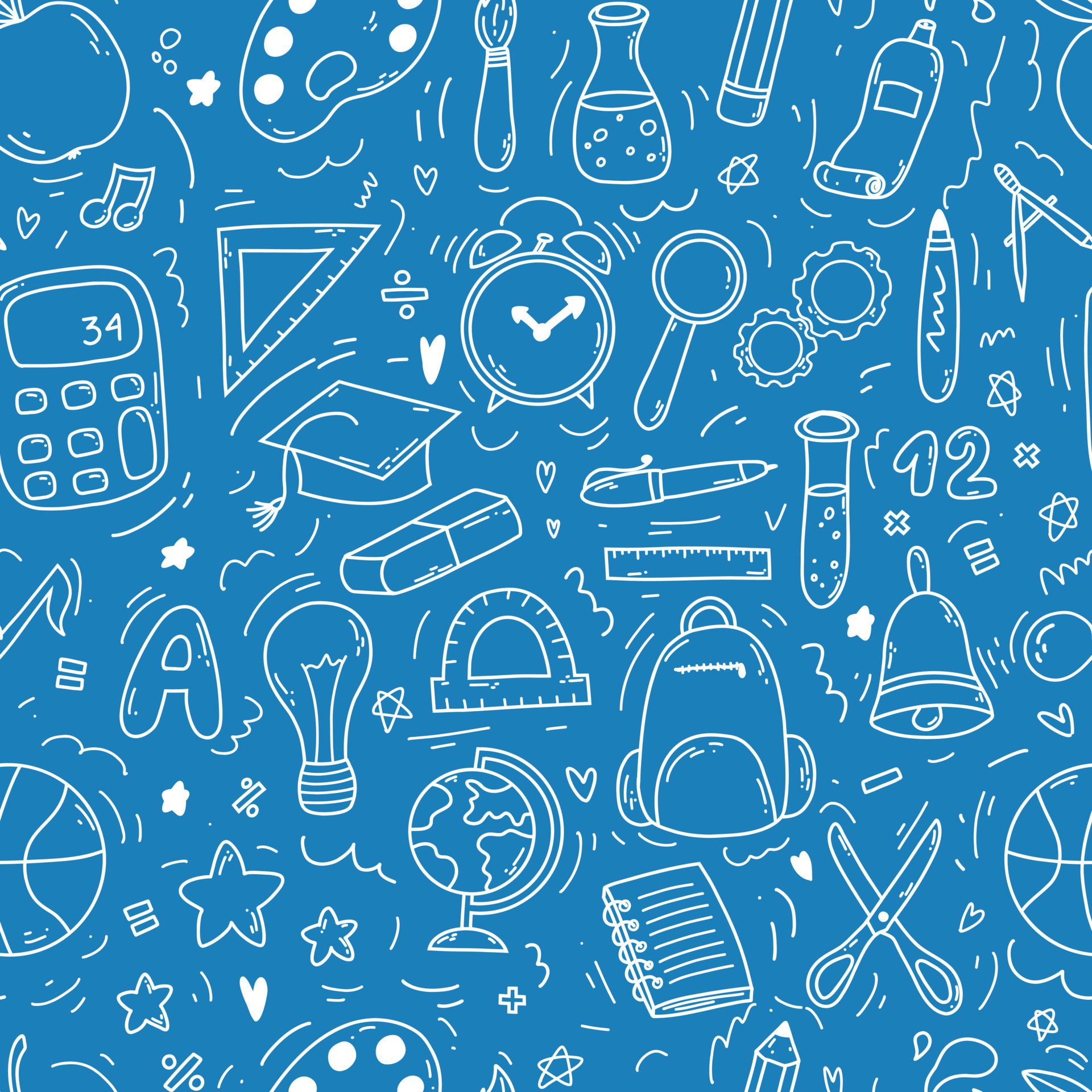 Hand drawn doodle seamless pattern with school icons on blue background
