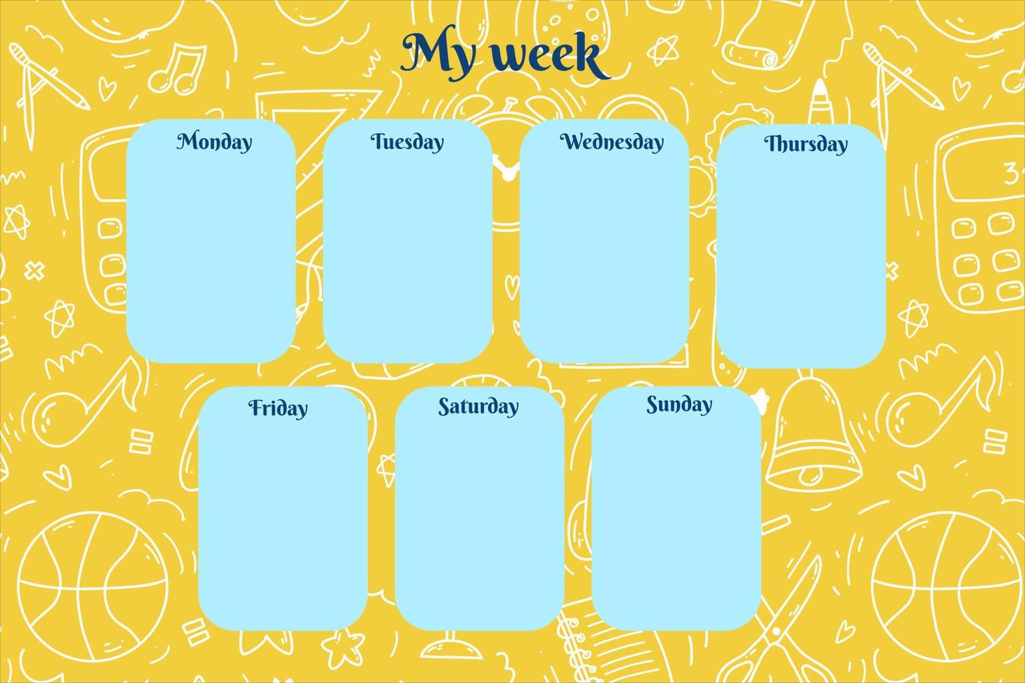 Weekly planner for kids on doodle orange background with school supplies items. Colorful vector illustration for stationary, schedule, list, school timetable, extracurricular activities.