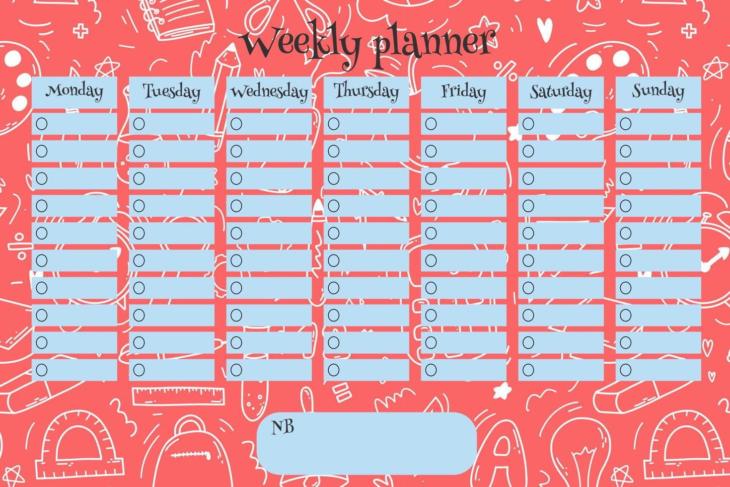 Weekly planner for kids on doodle pink background with school supplies items. Colorful vector illustration for stationary, schedule, list, school timetable, extracurricular activities.