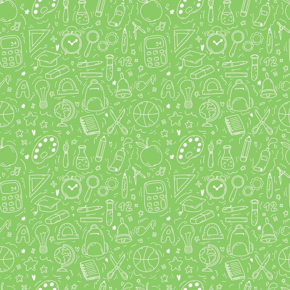 Hand drawn doodle seamless pattern with school icons on green background. Vector illustration of supplies, back to school concept for print, web and textile design, stationery.