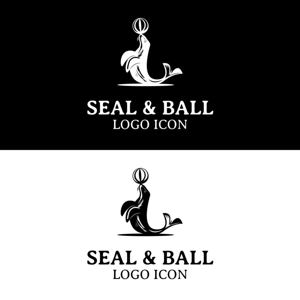 sello playa jugando pelota utilizando sus nariz para circo espectáculo blanco y negro logo diseño idea vector