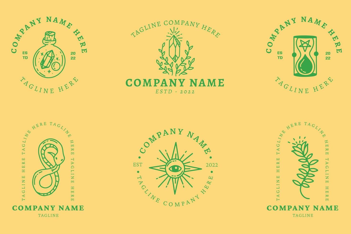 Mystical Simple Green Minimalist Symbol Logo Collection Cream Pastel Style. vector
