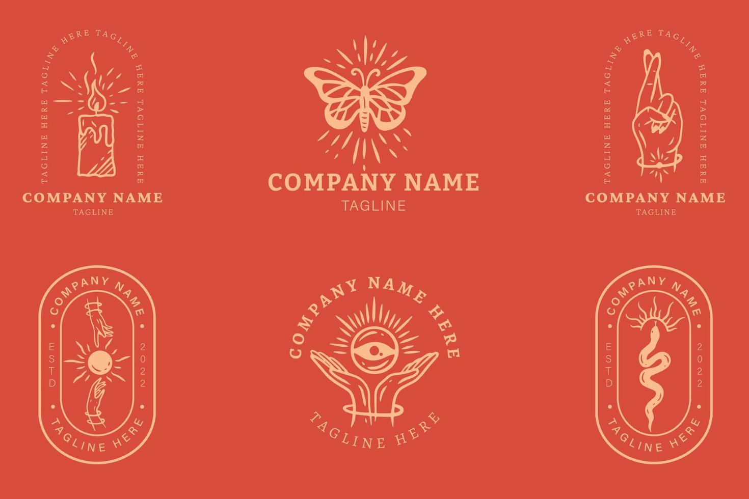 Minimalist Soft Red Logo Templates Set Mystical Collection Element On Dark Red. vector