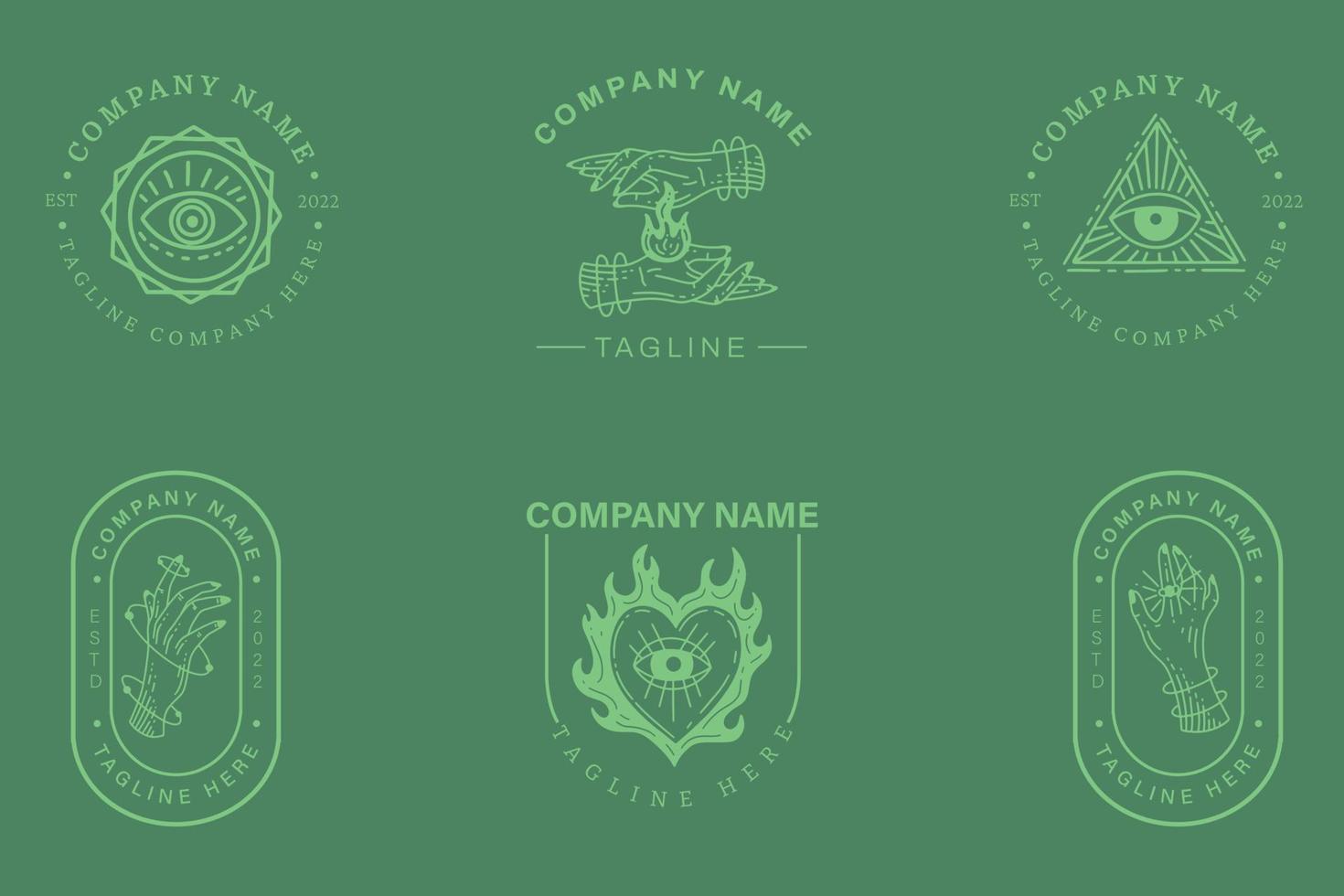 Minimalist Logo Light Green Templates Set Mystical Collection On Green. vector