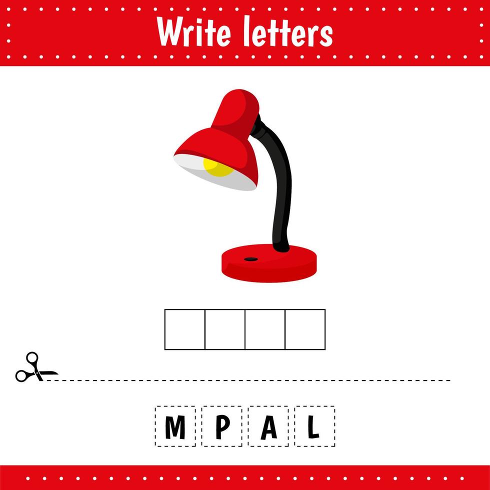 Educational game for kids. Crossword school equipment. Lamp. Guess the word. Education developing worksheet. vector