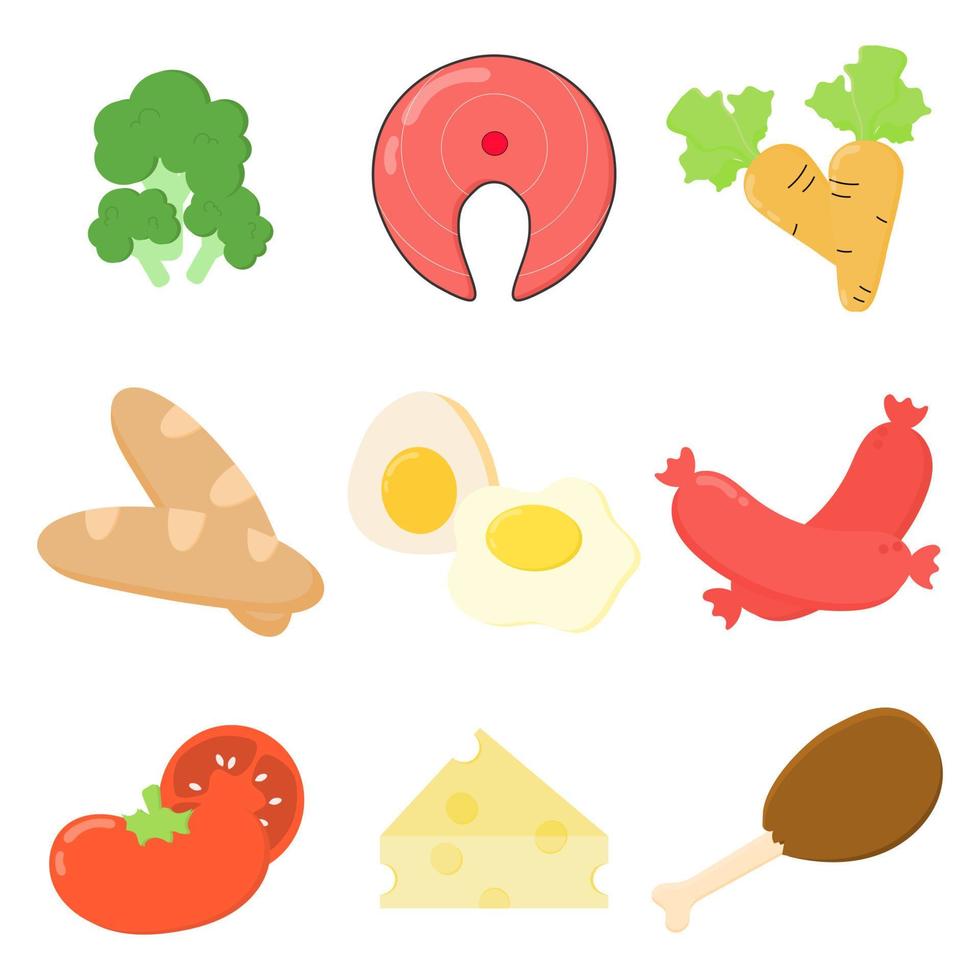 Various sets of colorful food icons. Vegetables, meats, carbs, eggs, and dairy. Simple flat vector style.