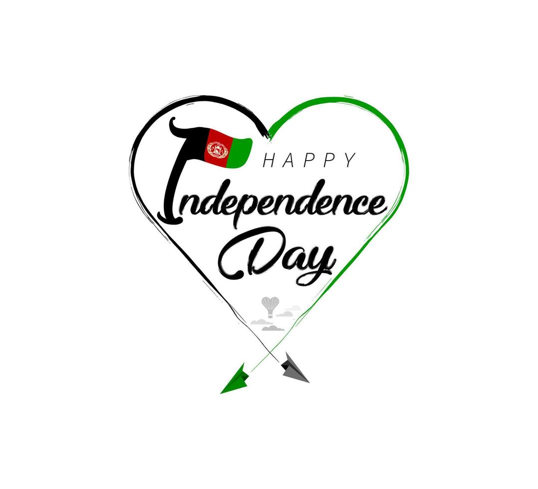 happy independence day of Afghanistan. Airplane draws cloud from heart. National flag vector illustration on white background.