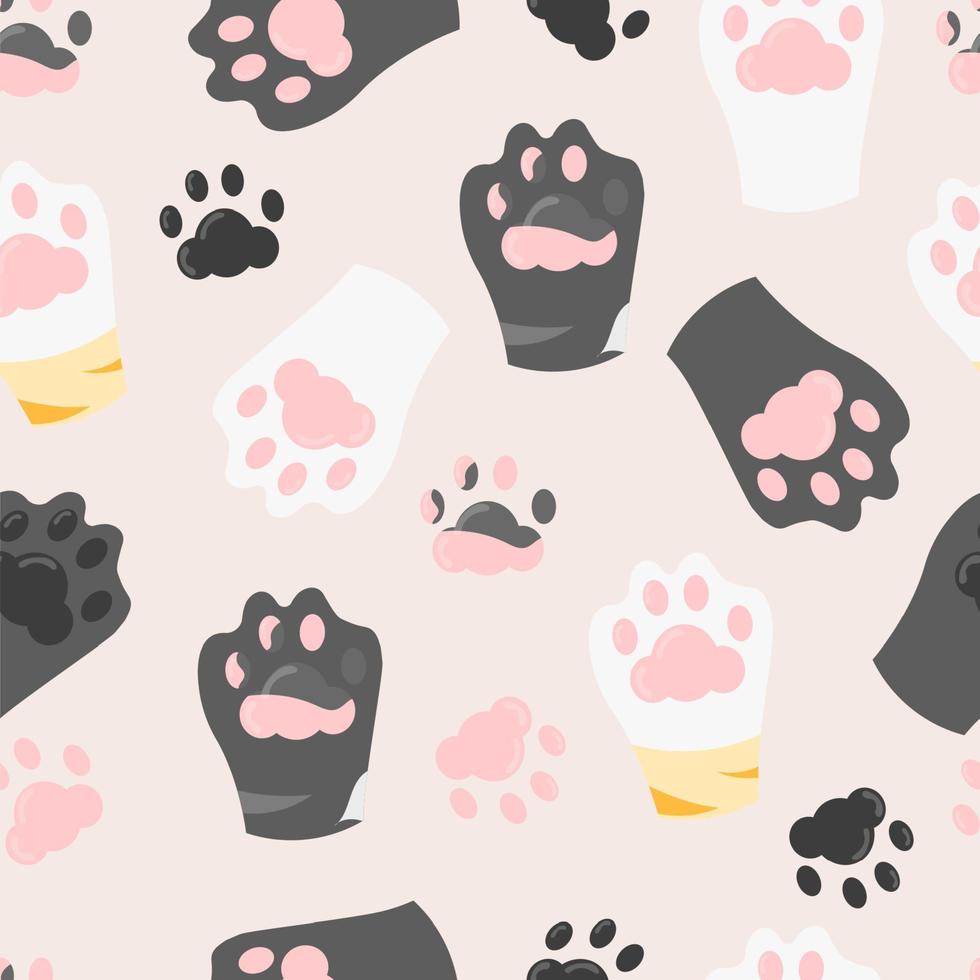 Seamless pattern of cute cat paws. Colorful kitten toe beans hand drawn illustration. vector