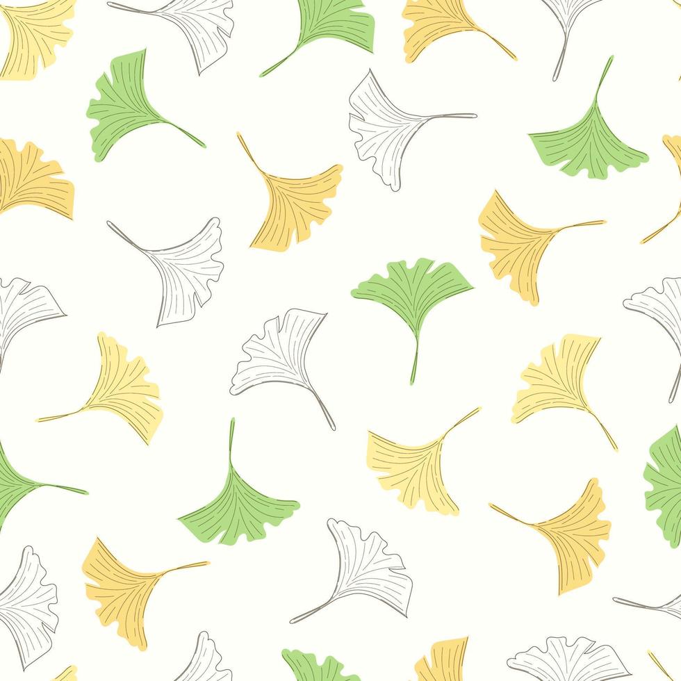 Seamless pattern of yellow and green ginkgo biloba leaves. Autumn season hand drawn background. vector