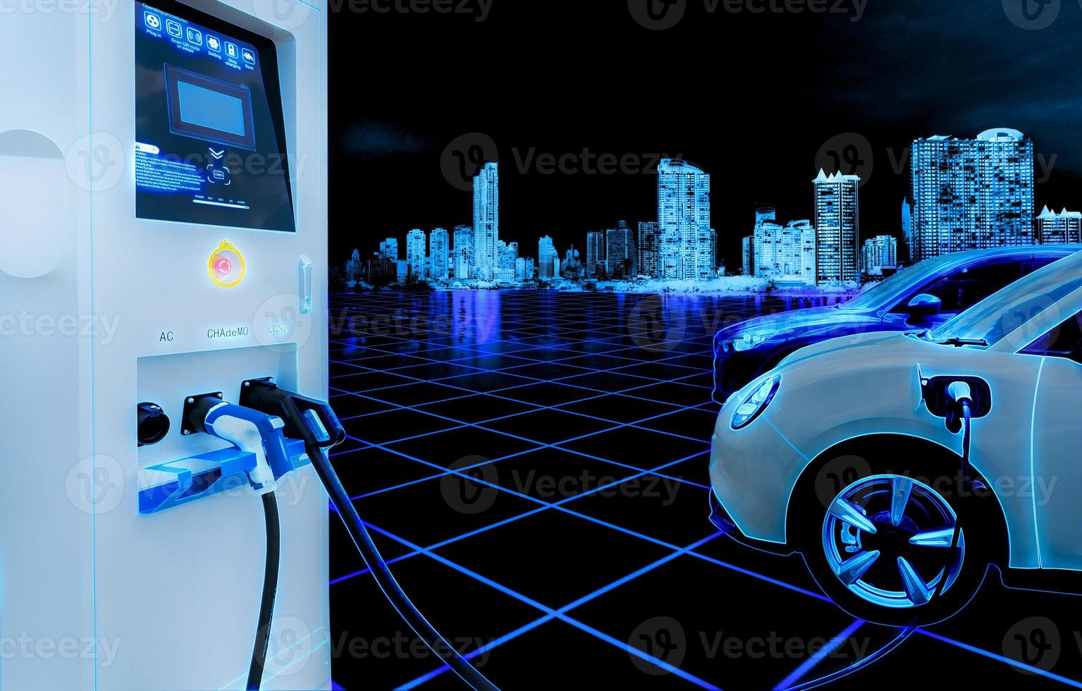 Electric car and EV car charging station with cityscape background in futuristic vehicle concept. Electric vehicle in smart city at night. EV car charging at electric vehicle charging station. photo