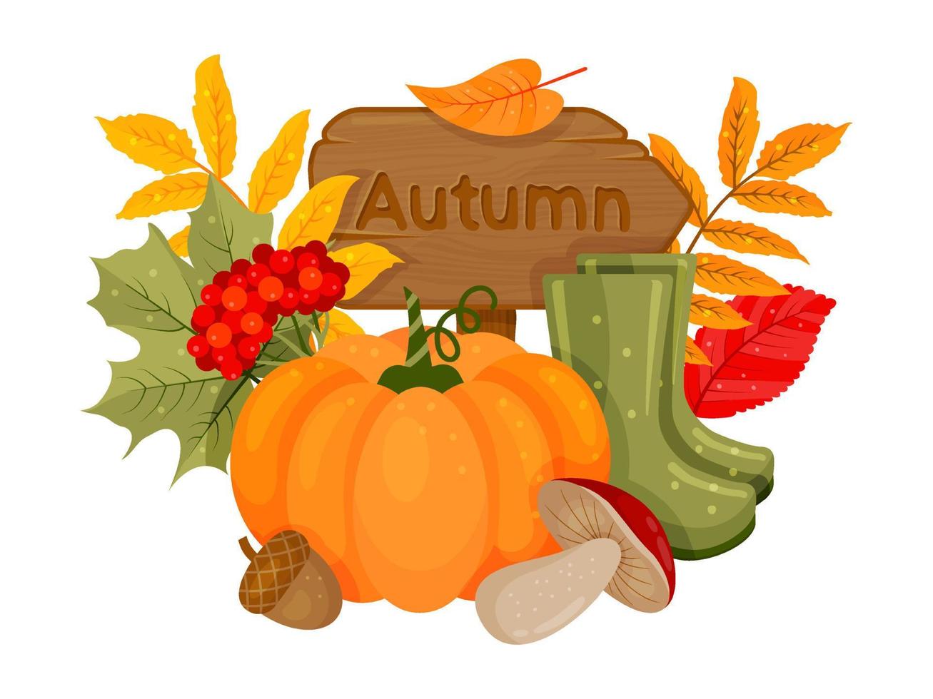 Autumn color concept.  Wooden pointer, pumpkin, autumn leaves, rubber boots, acorn on white background.  Vector illustration. Cartoon style.