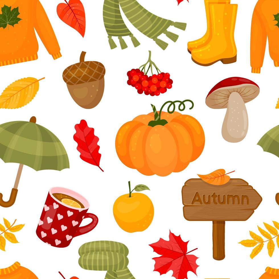 seamless pattern from autumn elements.  Leaves, pumpkin, acorn, sweater, scarf, cup of hot tea, mushrooms and other symbols of fall. Endless texture. Vector illustration. Cartoon style.