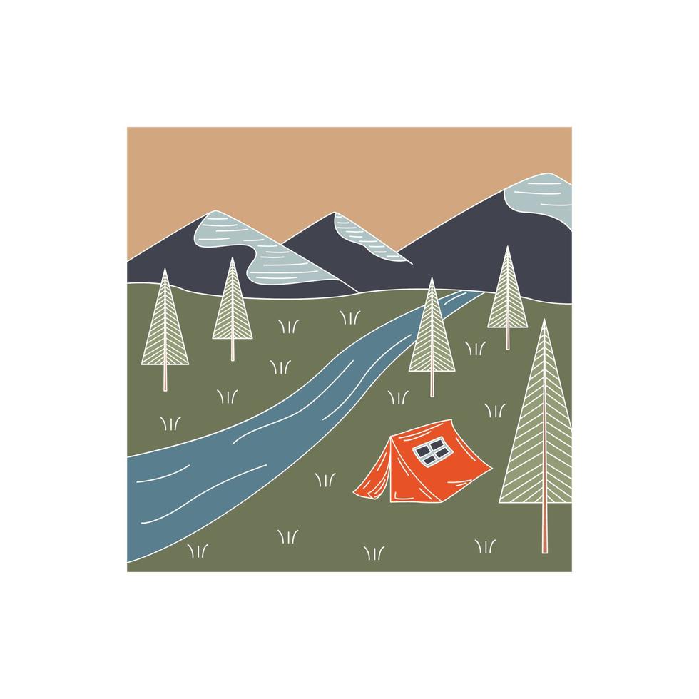 Flat Vector Illustration With A Tent, Mountains And Christmas Trees.