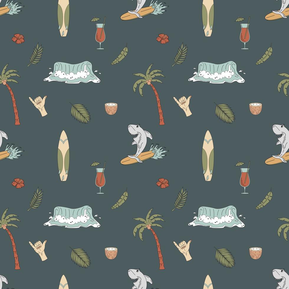 Seamless Pattern With Hand Drawn Elements With A Surf Theme. Wave, Surf, Palm Trees And More. vector