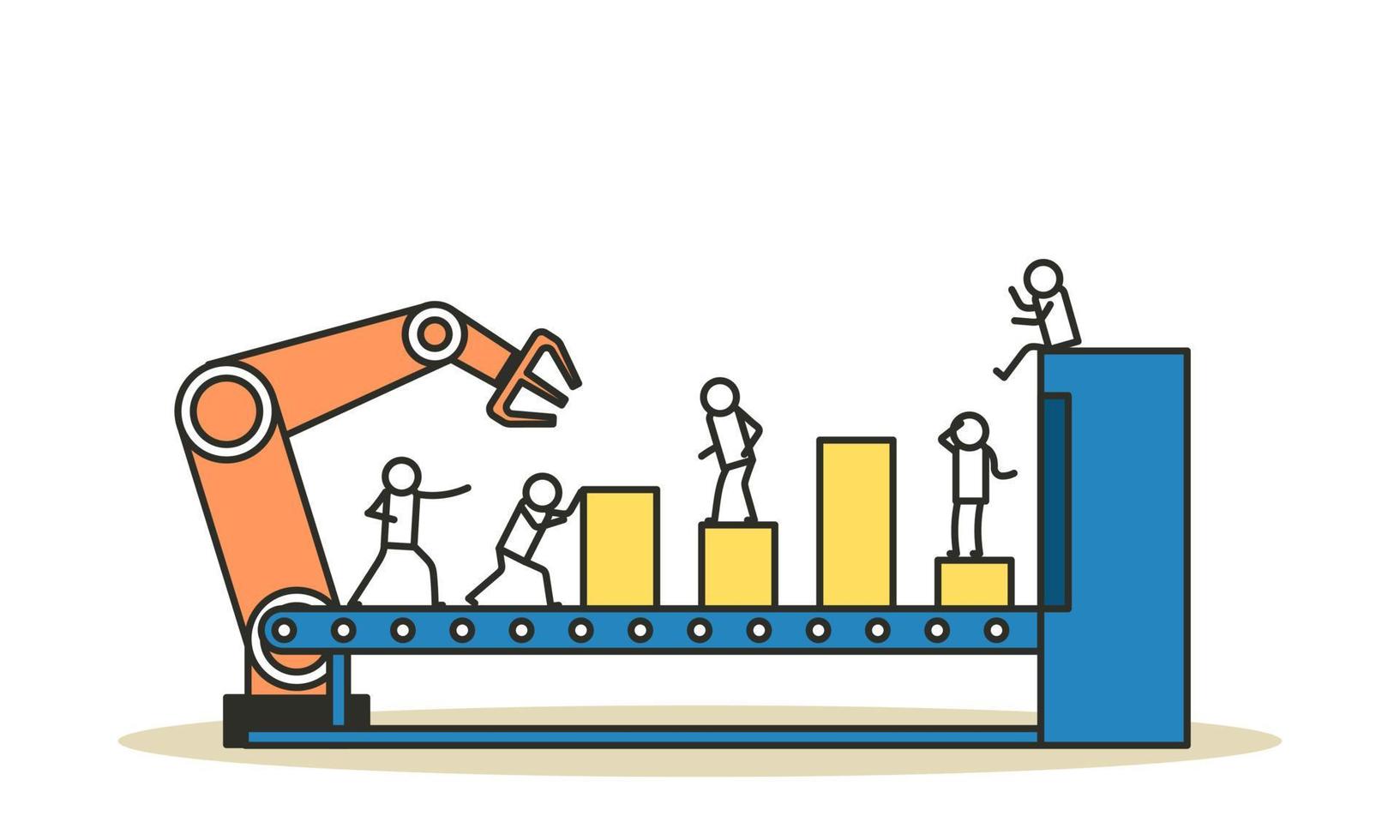 Vector business industry robot factory concept illustration future production process with infographic chart and people. Smart revolution technology machine conveyor line. Robotic system control goods
