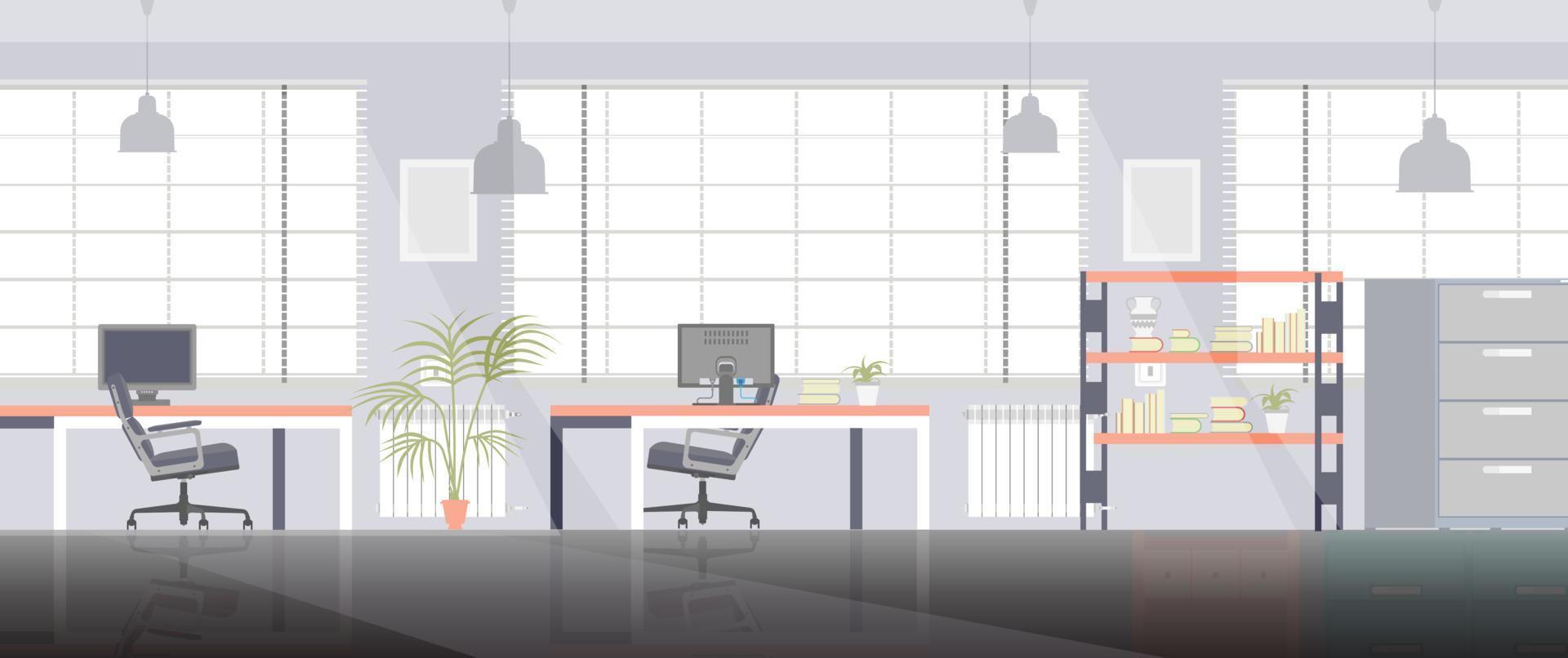 Office room space work vector flat business interior illustration with chair and computer. Modern desk table furniture workplace concept background cartoon. Job style coworking cabinet banner creative