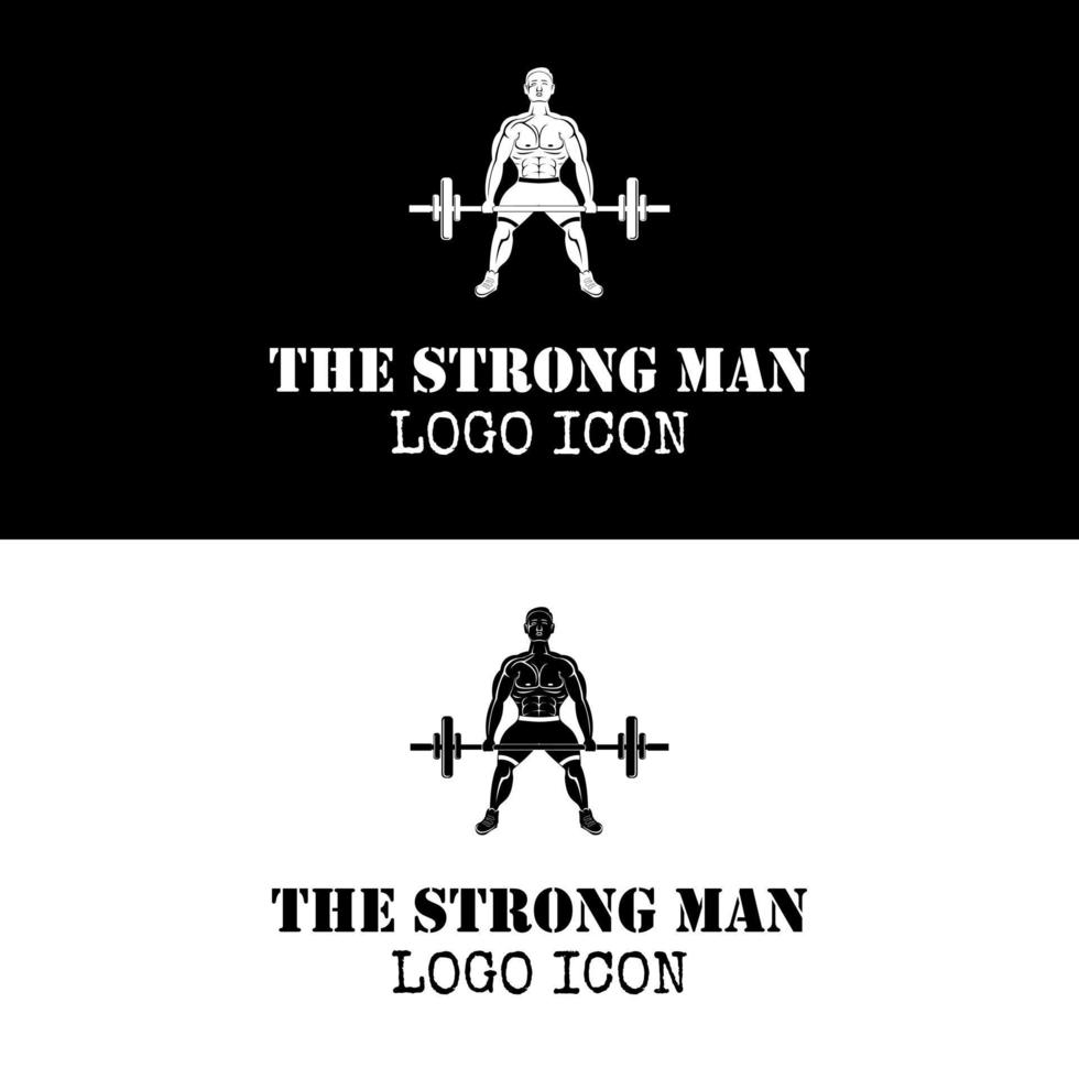 strong man black logo design show bodybuilder in gym silhouette lifting heavy barbell doing deadlift vector