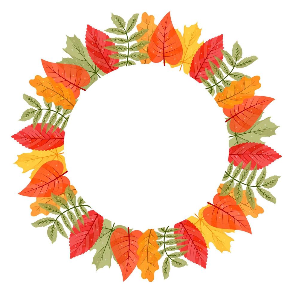 Autumn cute round frame from leaves. Template for design. Vector illustration. Place for text. cartoon style.