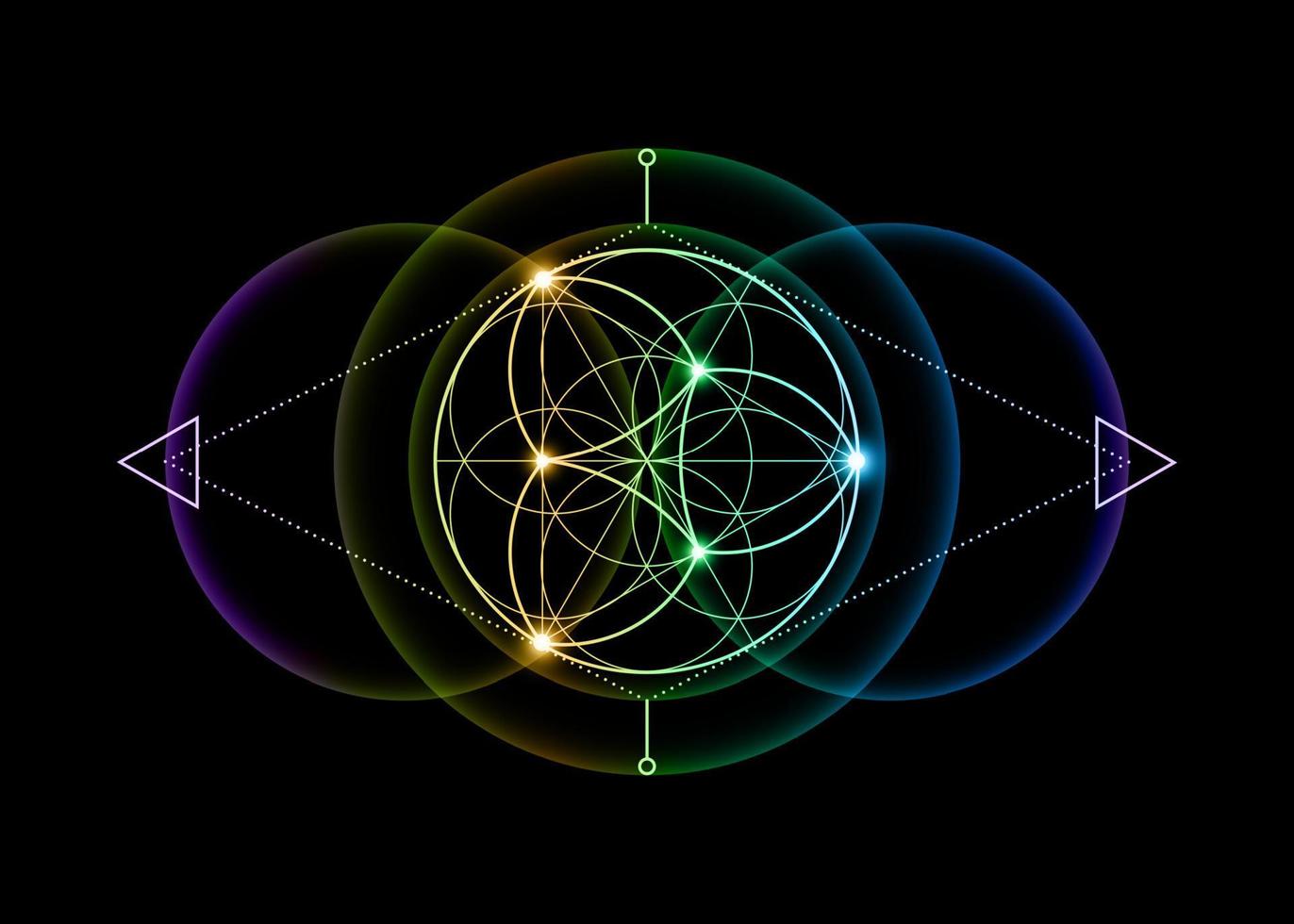 Sacred Geometry, Flower of Life, lotus flower mandala. Colorful gradient logo Symbol of Harmony and Balance, Glowing Geometrical Ornament, yoga relax, vector isolated on black background