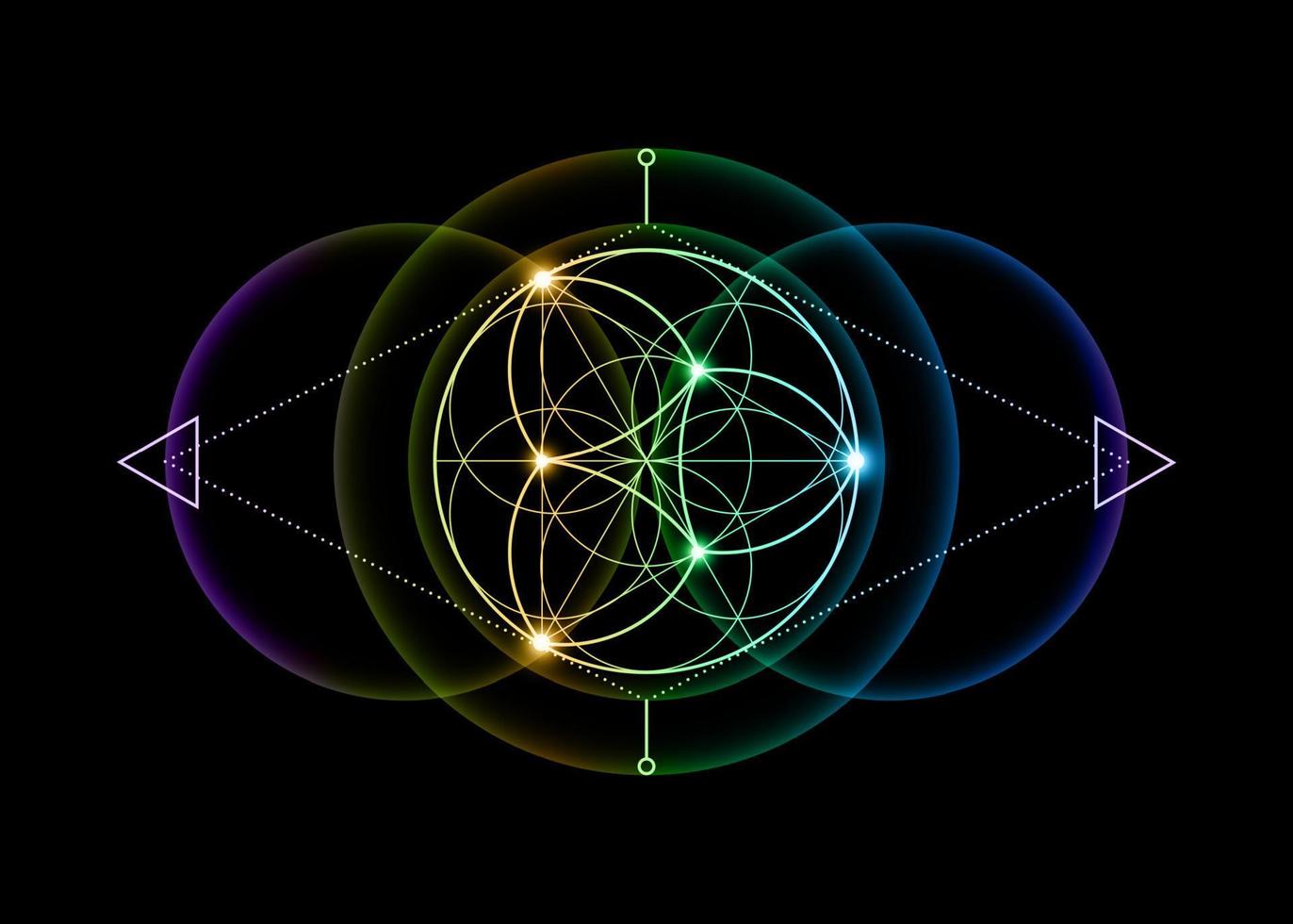 geometría sagrada, flor de la vida, mandala de flor de loto. símbolo de logotipo degradado colorido de armonía y equilibrio, adorno geométrico brillante, relajación de yoga, vector aislado en fondo negro