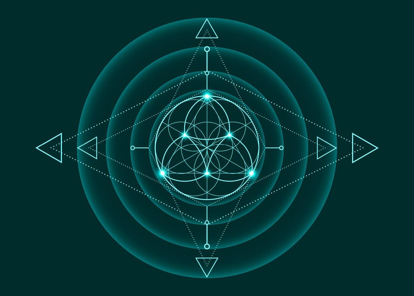 Sacred Geometry, Flower of Life, lotus flower mandala. Neon vintage logo Symbol of Harmony and Balance, Glowing Geometrical Ornament, yoga relax, vector isolated on old green background