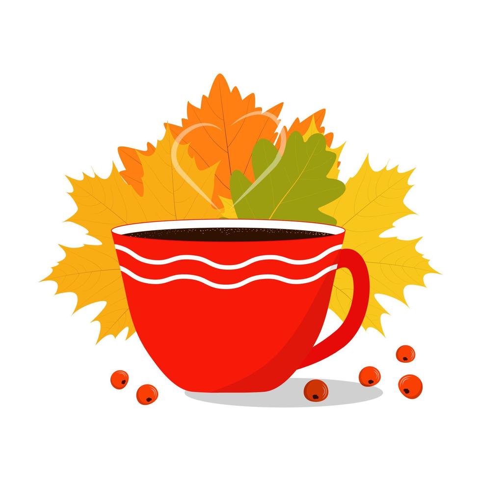 Hello, autumn. Hot drink in mug on background of autumn leaves and rowan berries vector