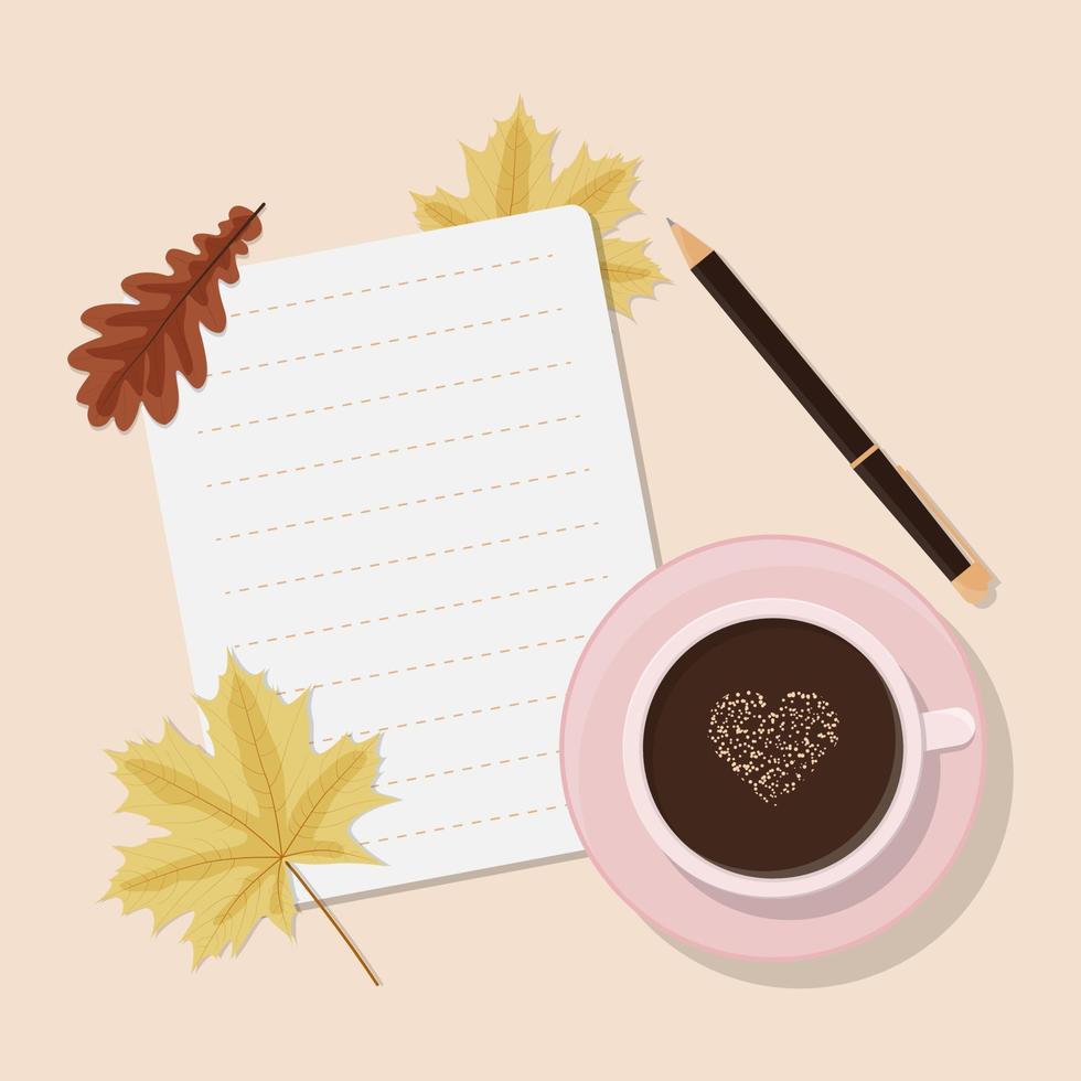 Hello autumn background. Lined leaf, pen, coffee mug and autumn leaves. vector