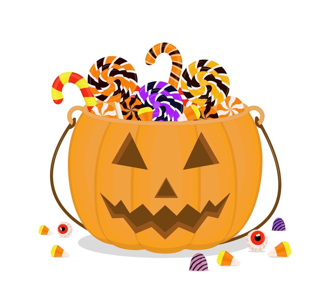 Halloween sweets in a cauldron pumpkin. Trick or treat. Various candies, marmalade, candy corn vector