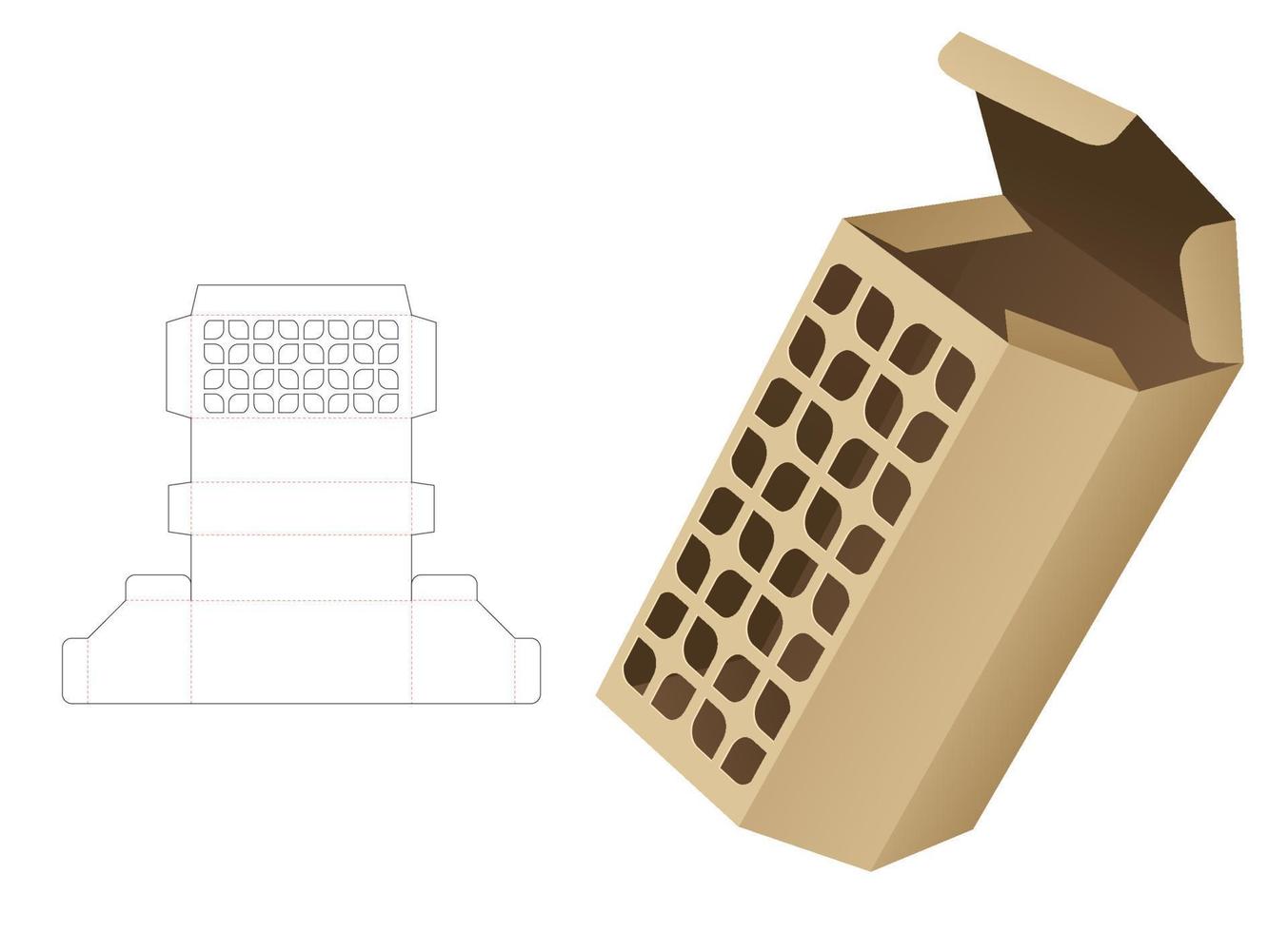 Tall angle box with stenciled geometric window die cut template and 3D mockup vector