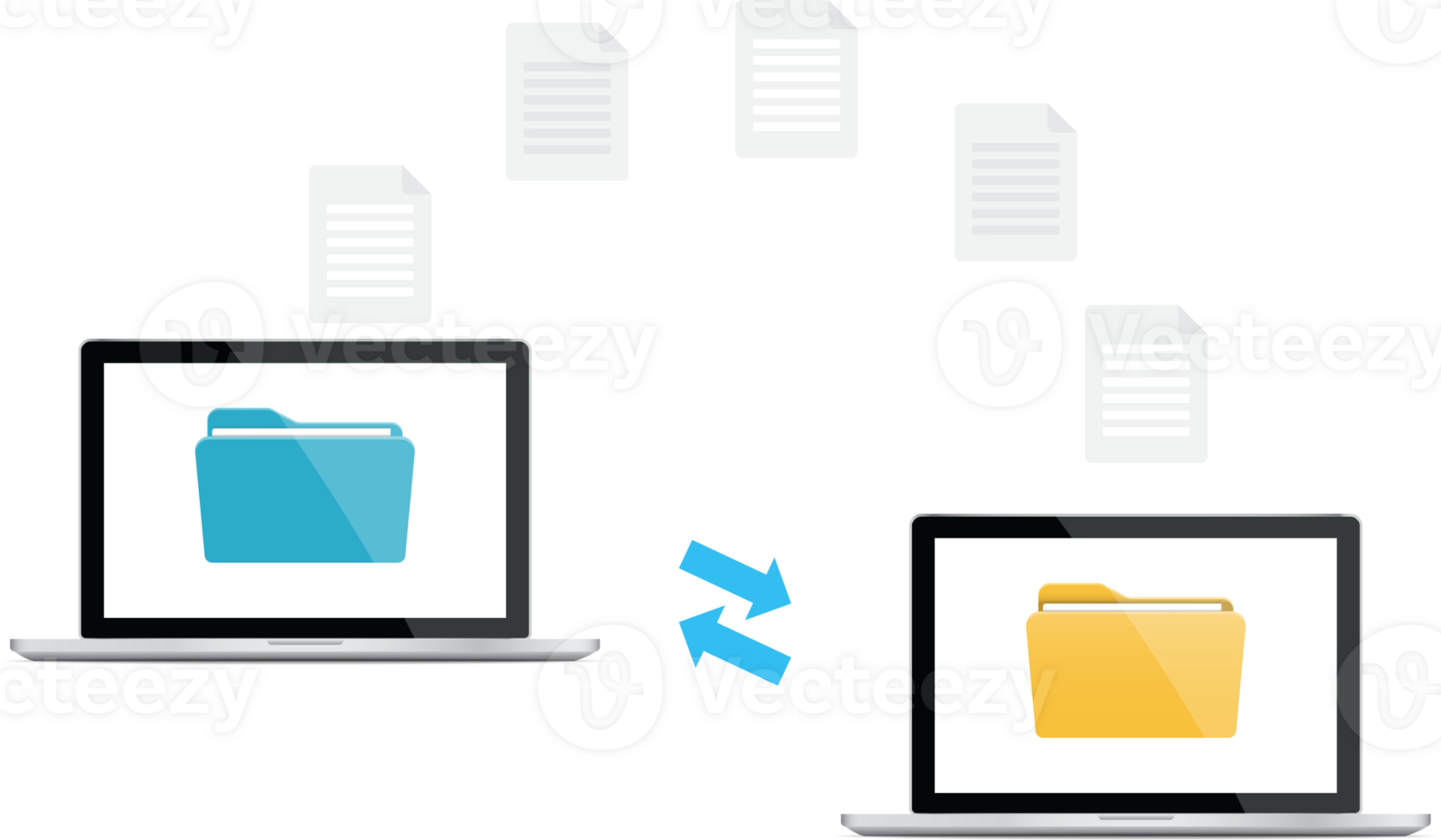 File transfer. Two laptops with folders on screen and transferred documents. Copy files, data exchange, backup, PC migration, file sharing concepts. Flat design graphic elements. png