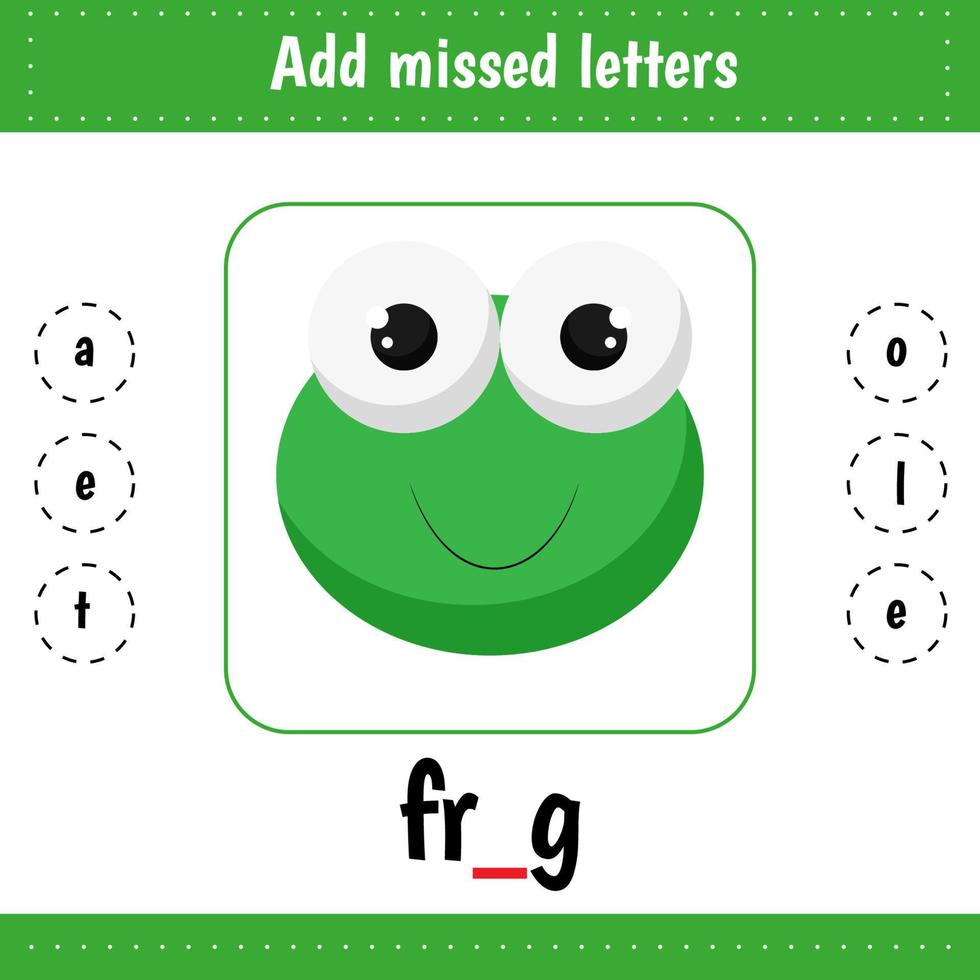 Learning English words. Add missed letters. Frog vector