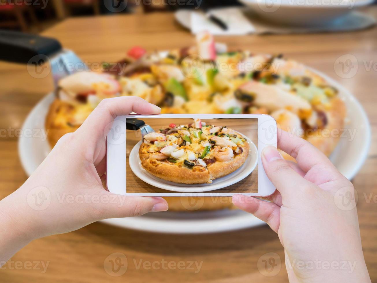 woman taking photo of Pizza with mobile smartphone