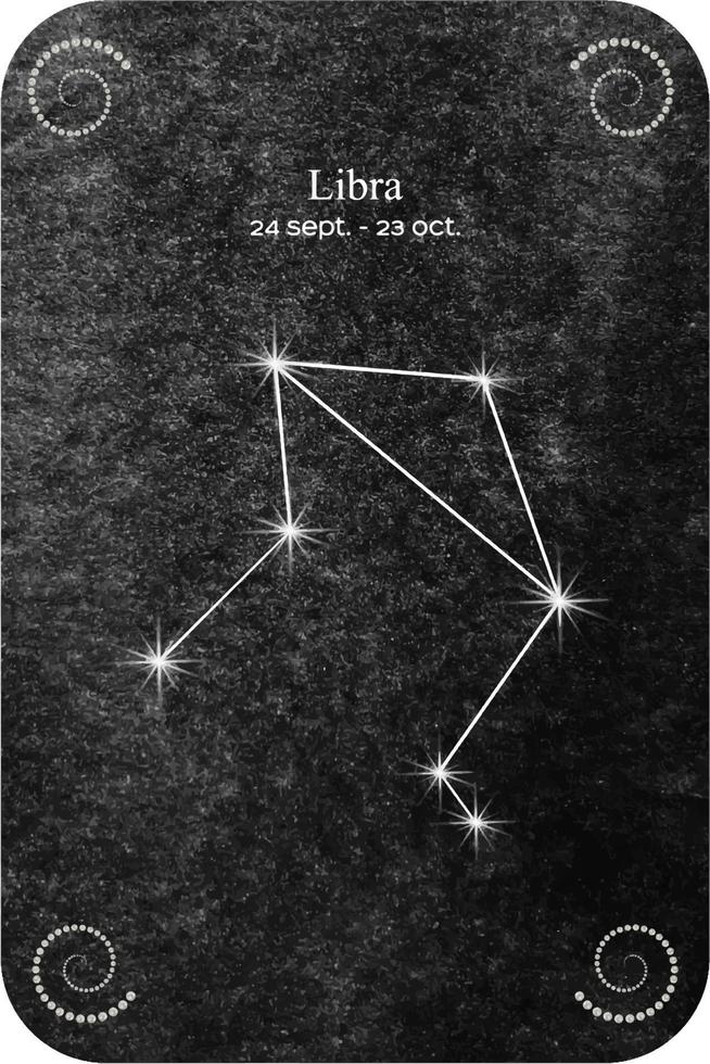 Watercolor zodiac sign Libra in the shape of Star Constellation on dark black background. vector