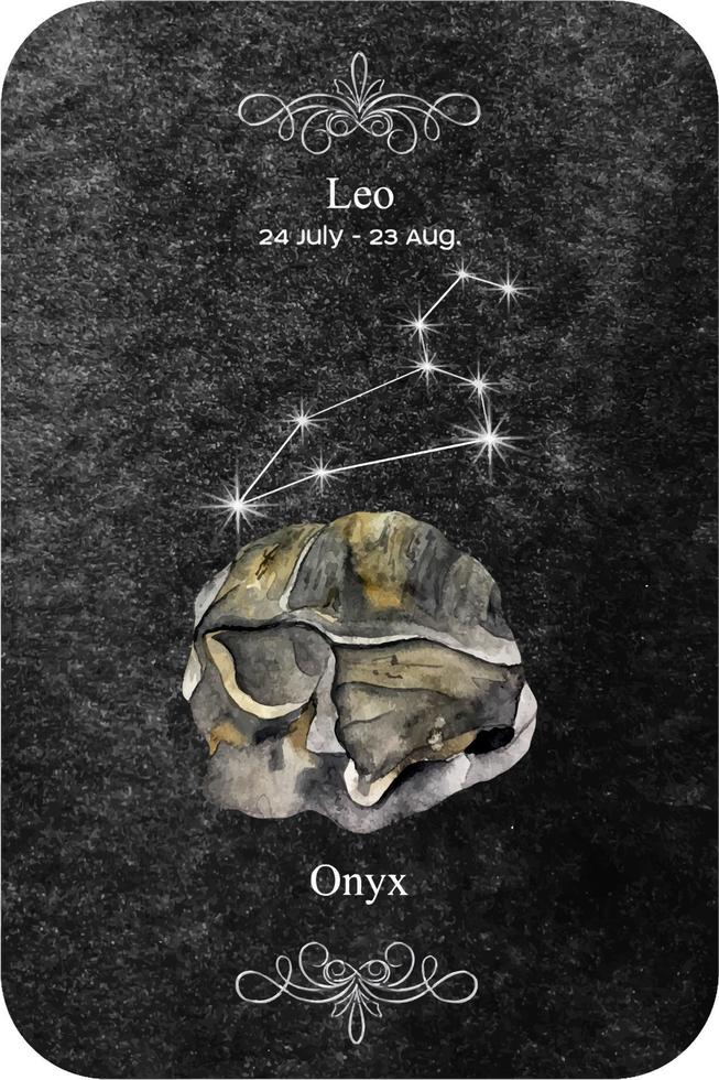acuarela zodíaco firmar León con Roca ónix en oscuro negro antecedentes. agosto piedra del zodíaco ónix vector