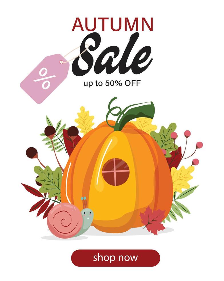 Autumn sale banner with pumpkin, funny snail and leaves on the background. vector