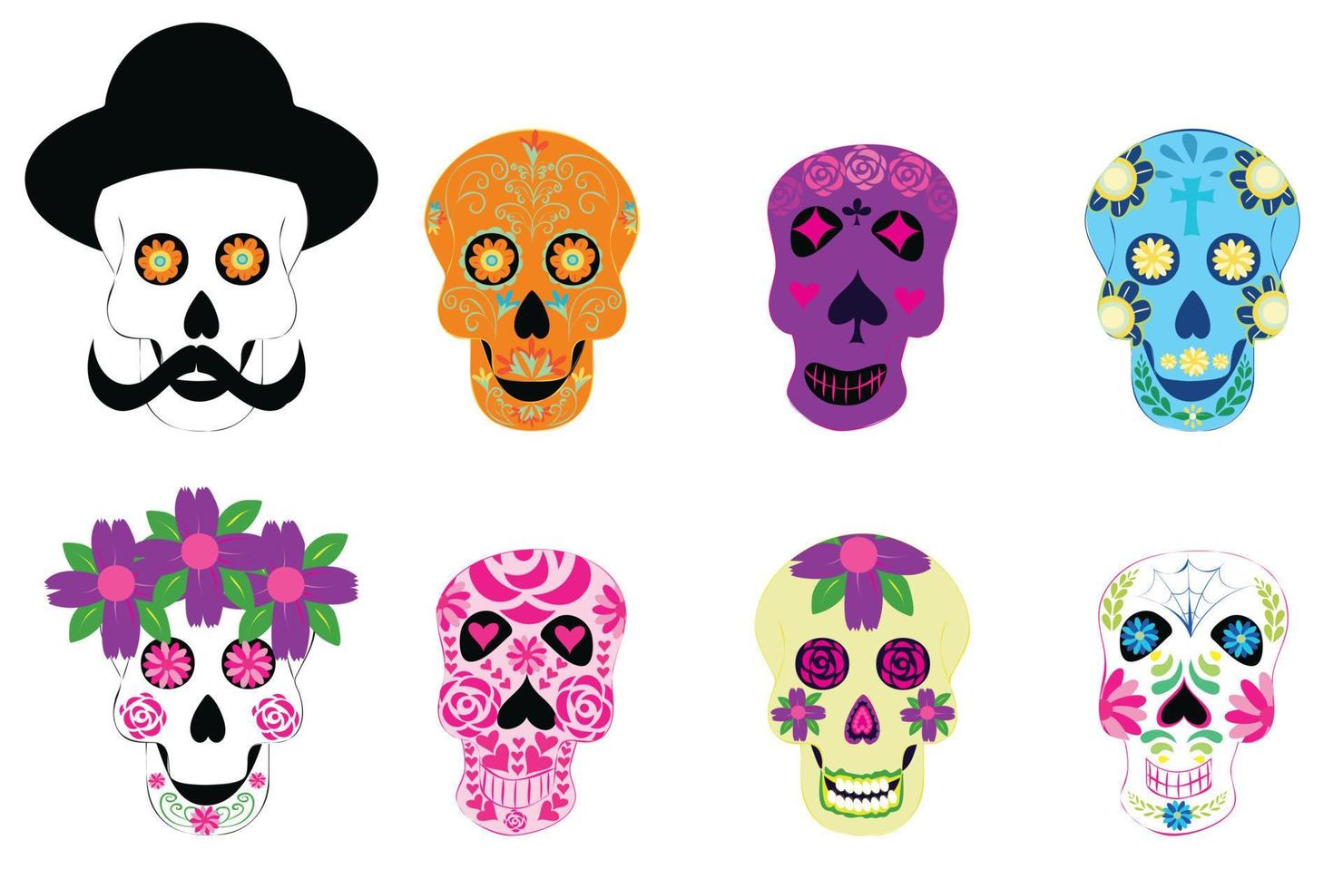 Dead day skulls. Mexican sugar human head bone Halloween tattoo dia de los muertos. Vector illustration isolated on white background