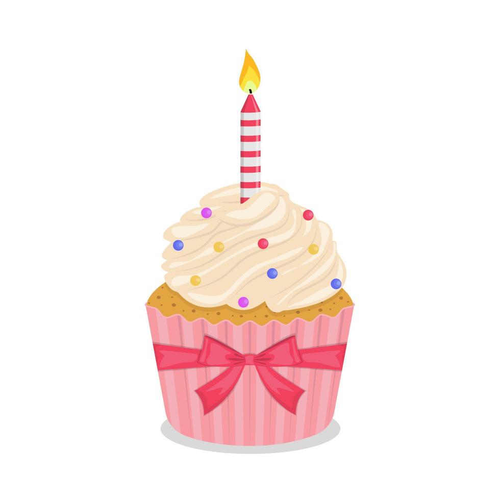 Birthday cupcake with candle flat illustration vector