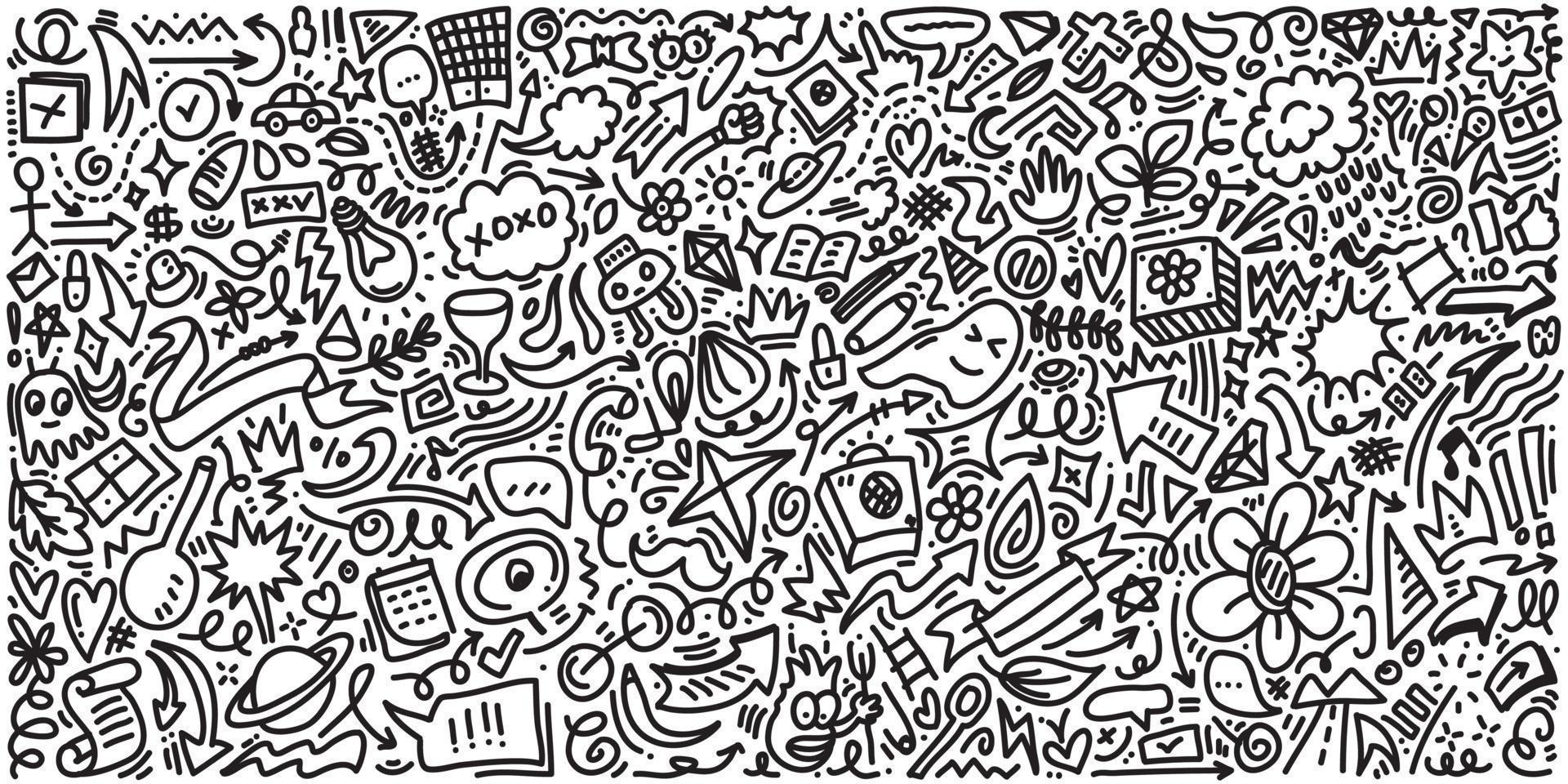 Hand drawn set elements, Abstract arrows, ribbons, hearts, stars, crowns, monsters and other elements in hand drawn style for concept design. Scribble illustration. Vector illustration.