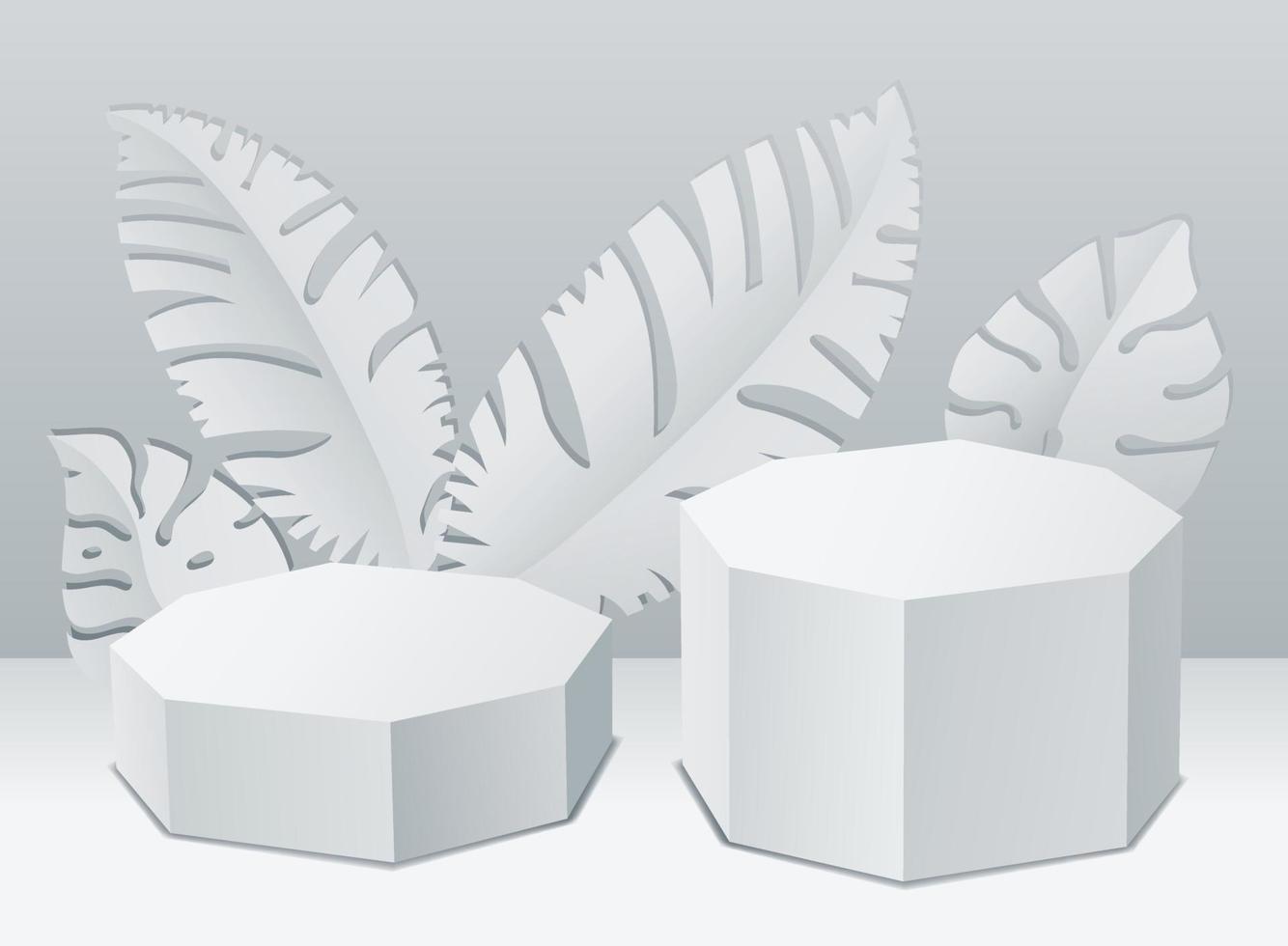 2 octangonal mockup podiums with leaves for product presentation on white color background vector