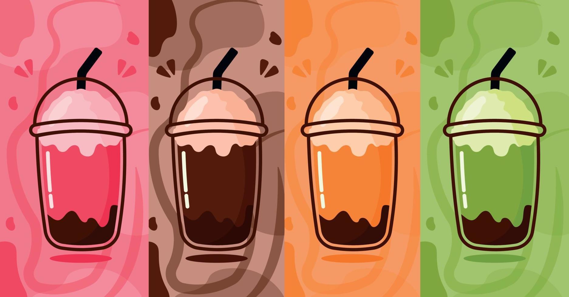 Hand Drawn Ice Strawberry, Green Tea, Chocolate, Thai Tea Flavor Set in Animated Cartoon Vector Illustration