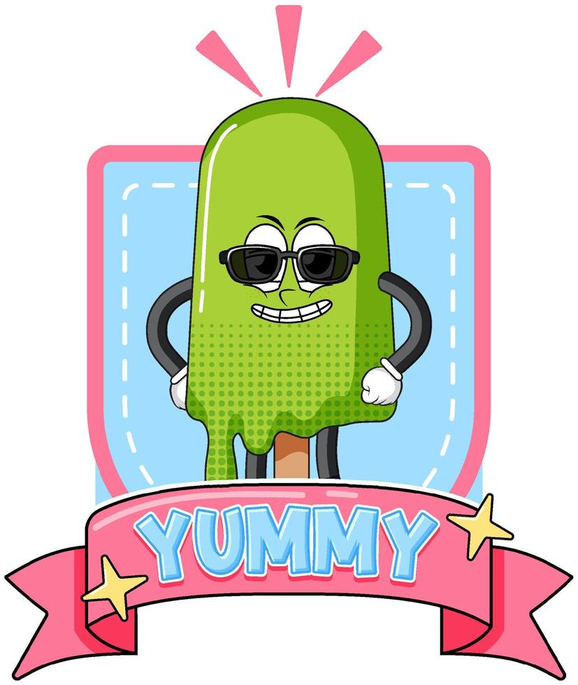 Ice cream cartoon character with yummy badge vector