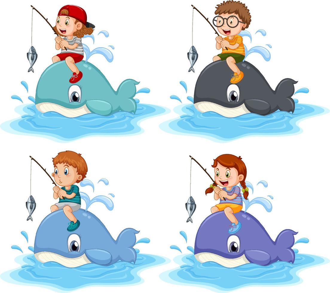 diferente niños montando en ballenas vector