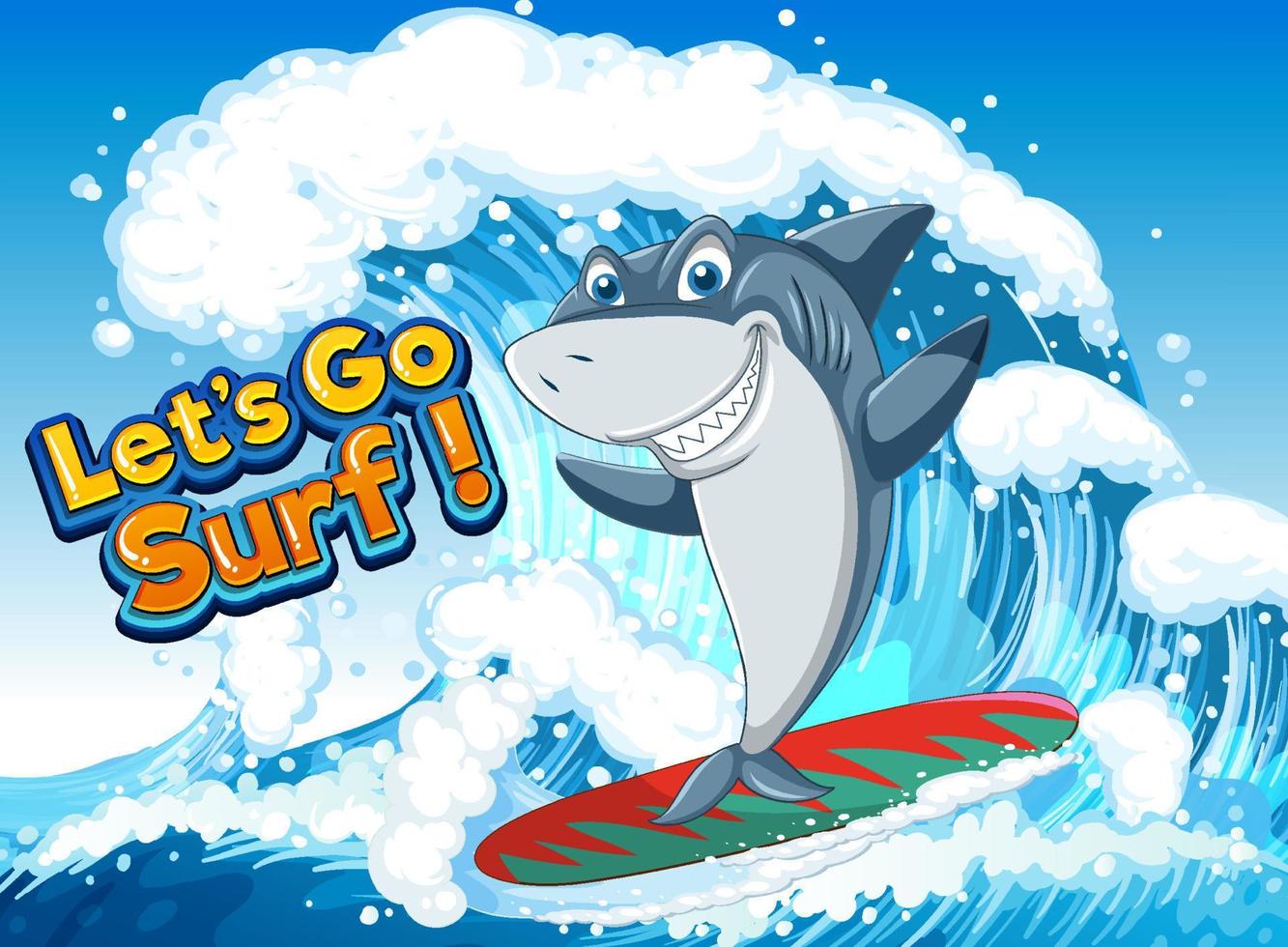 lindo tiburón personaje de dibujos animados surf escena del océano vector