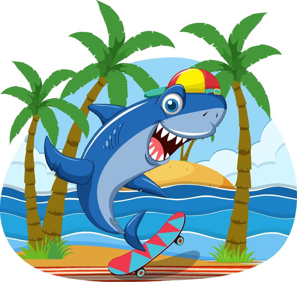 Cute shark skateboarding on the beach vector