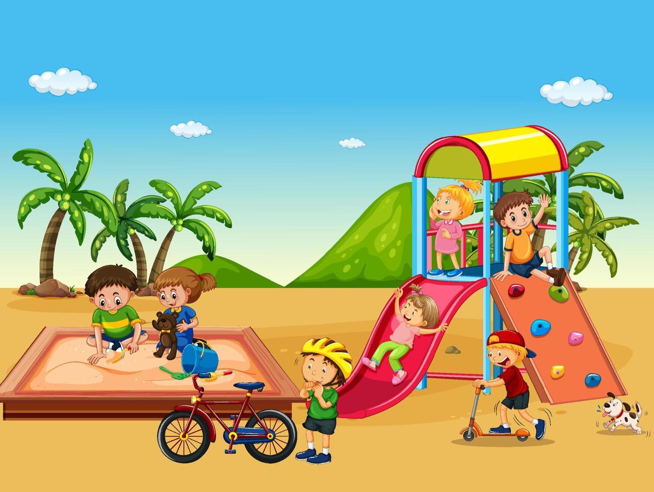 parque infantil en la playa con niños felices vector