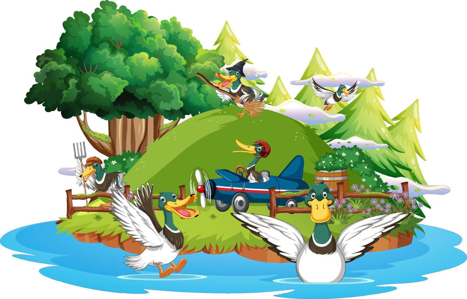 Happy duck group in nature scene vector