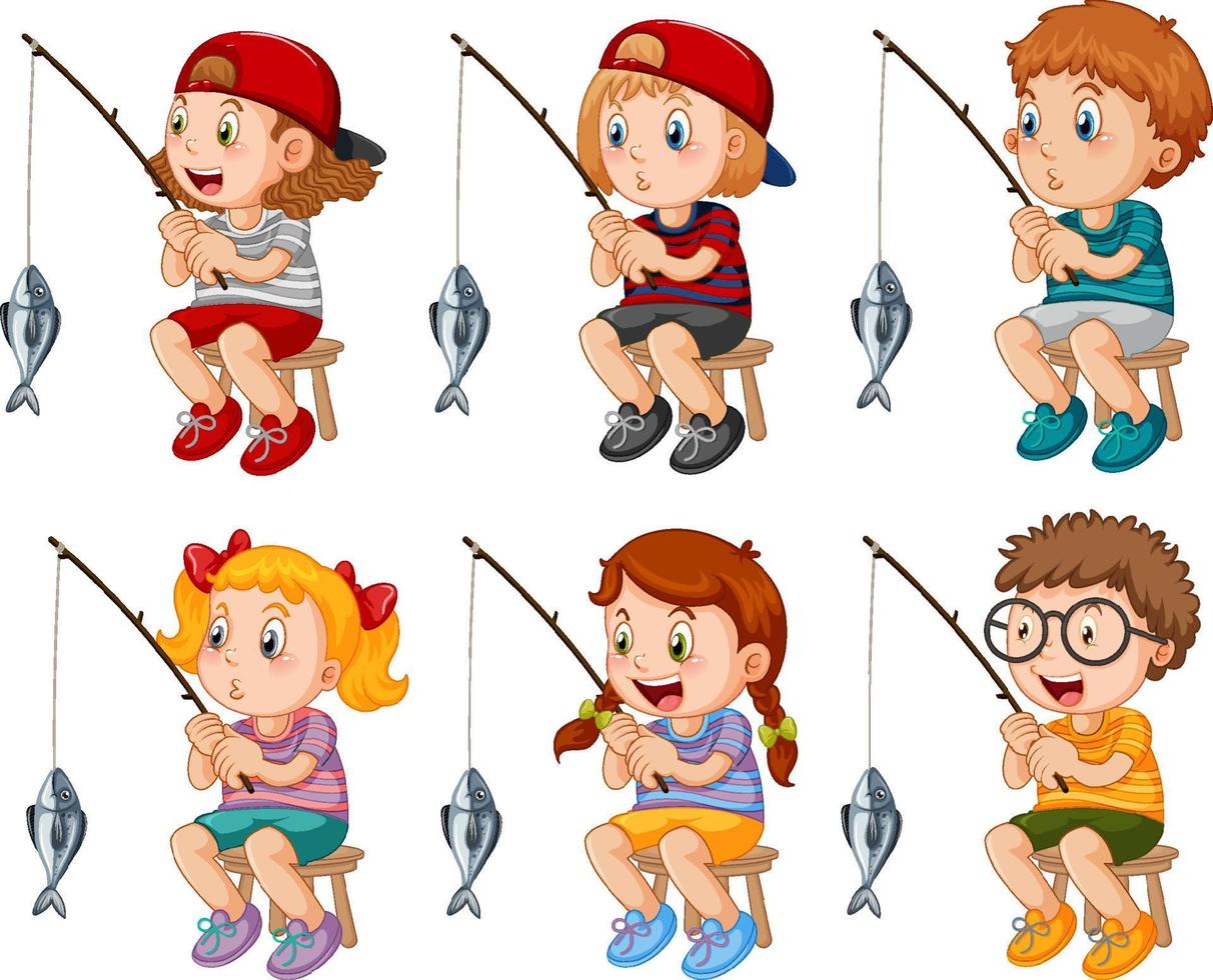 Set of happy kid fishing vector