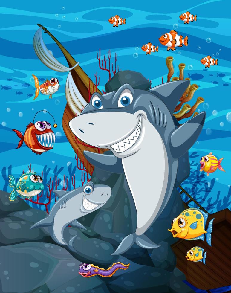 Shark cartoon character underwater scene vector