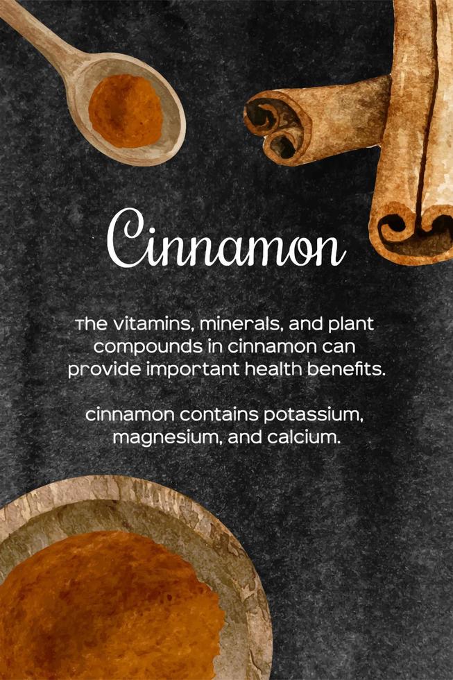 Watercolor fresh and dry cinnamon in wooden bowl and spoon. Kitchen spices and herbs set. vector