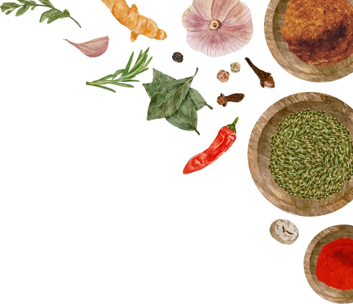 Watercolor natural aroma spices backgrouns. Garlic, cloves, nutmeg, basil and dry spices in bowls and spoons. vector